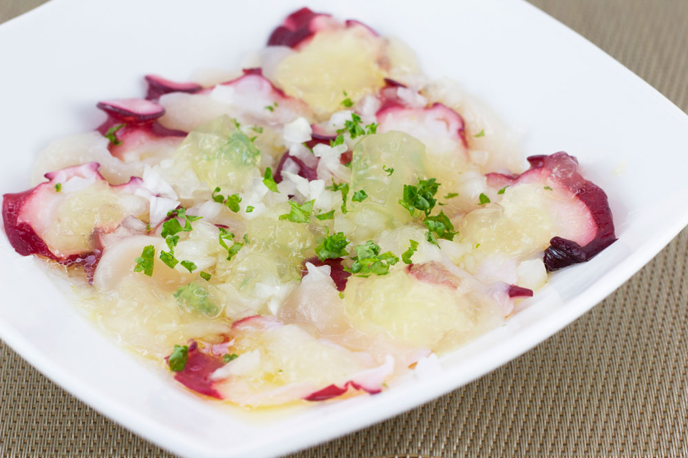 おもてなしに♪タコと帆立のカルパッチョ（塩ぽんジュレのせ）